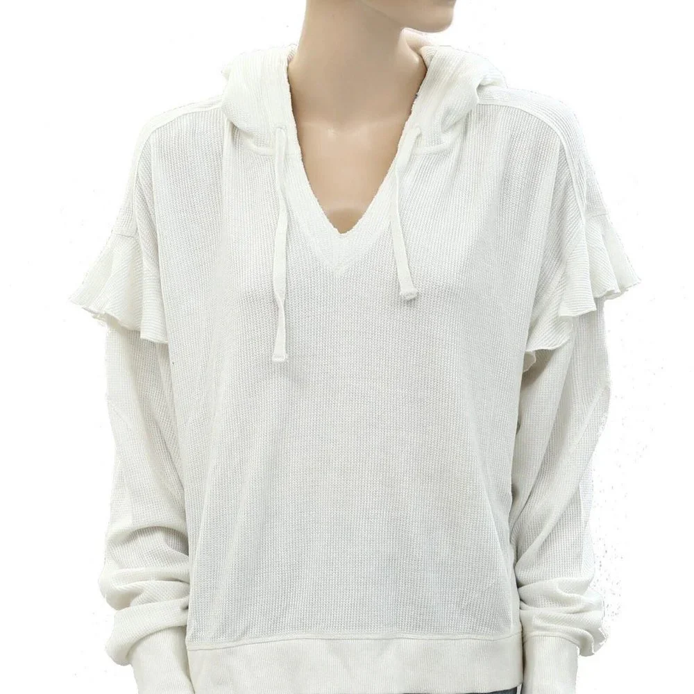 Urban Outfitters UO Thermal Hoodie Blouse Top White Cotton Ruffle L New